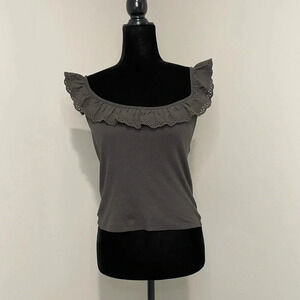 American Eagle Gray Scoop Neck Eyelet Ruffle Tank Top